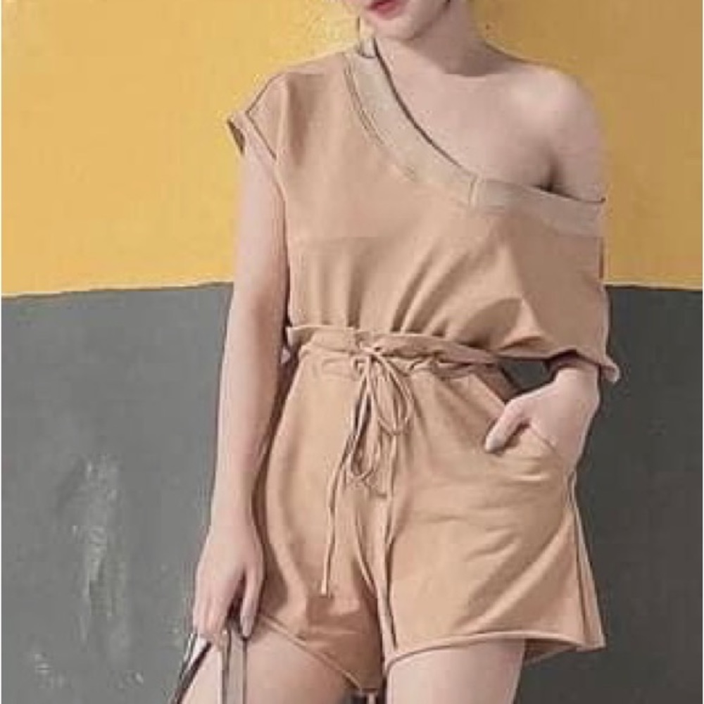 One Shoulder Puff Sleeve Belted Romper - Beige S